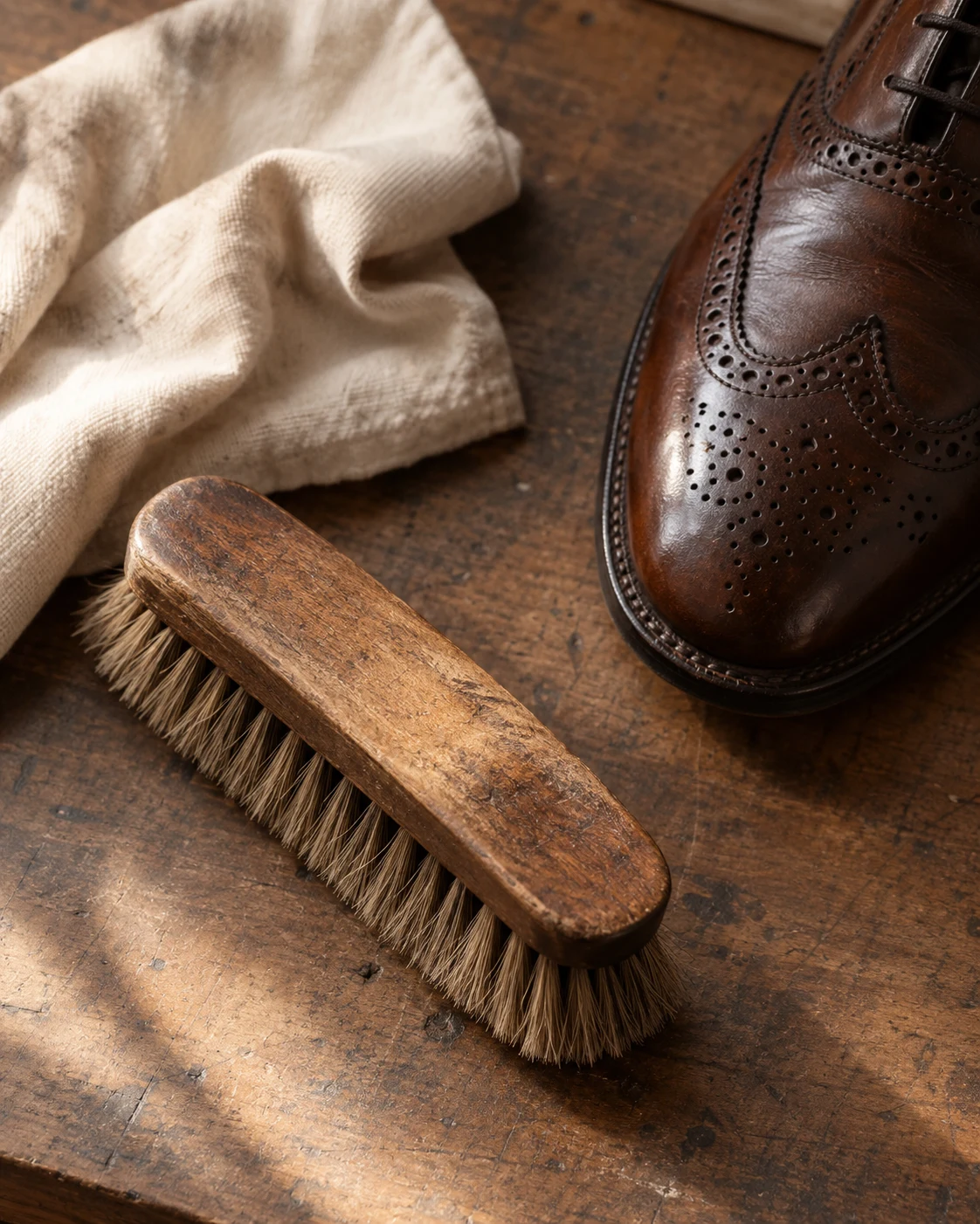 Horsehair shoe brush and cotton cloth beside chestnut leather footwear