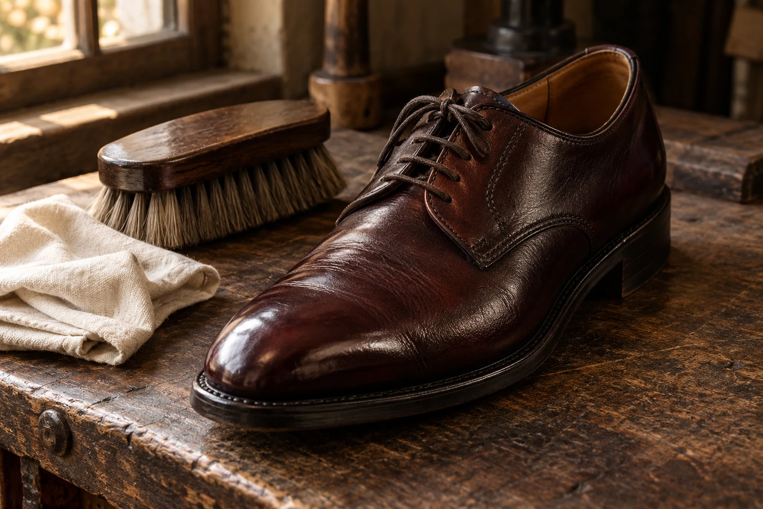 Polished leather derby shoe with a brush and cloth on a wooden bench